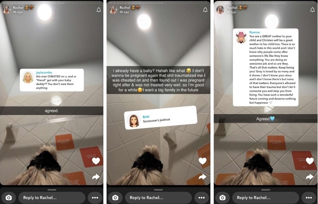 Image of Rachel Weaver's Snapchat posts after she discovered that Christen Whitman is pregnant with Jacob Savage's child.